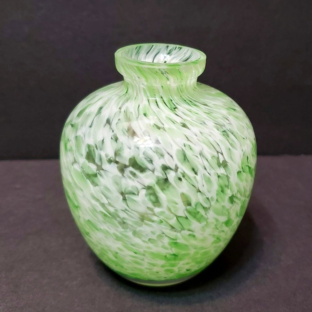 Art Glass Vase, Vintage Bud Vase, Mottled Green White Splatter